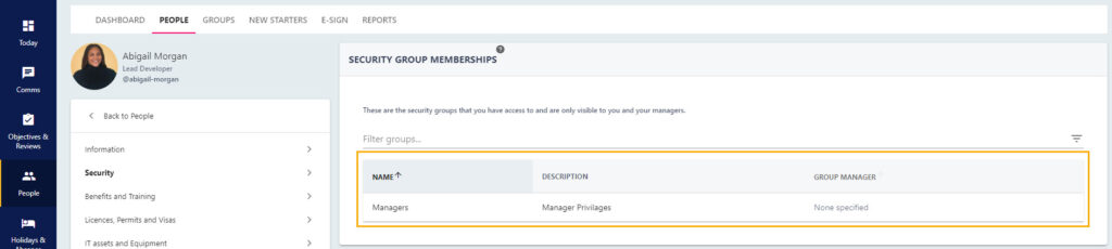 The Security tab of a profile listing the security groups a person belongs to