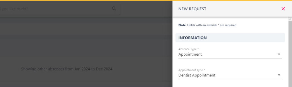 Absence type drop-down with a second drop-down for sub-categories