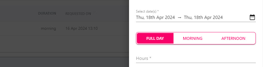 Select Dates field with the Morning and Afternoon half-day buttons