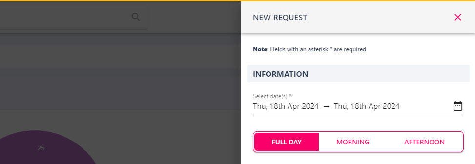 Select Dates field with the Morning and Afternoon half-day buttons