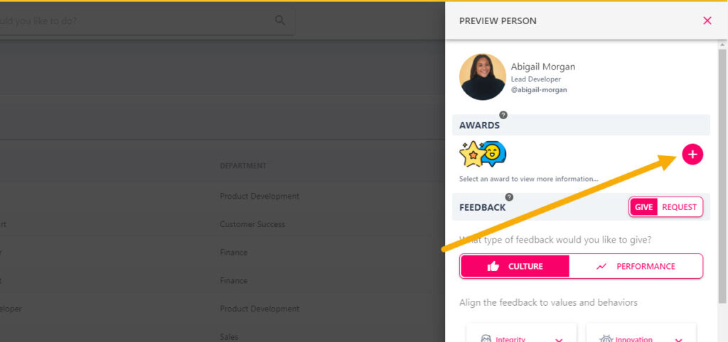 The plus button in the Awards section that opens the Assign Award pop-up