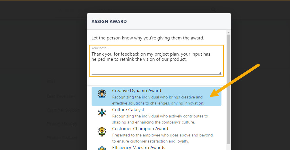 Peer-to-peer award list with a description beneath each award title