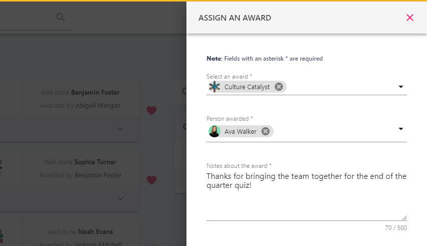 The Notes about the award field explaining why the award was given