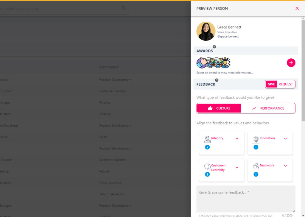 Profile preview drawer with the Feedback section for a colleague