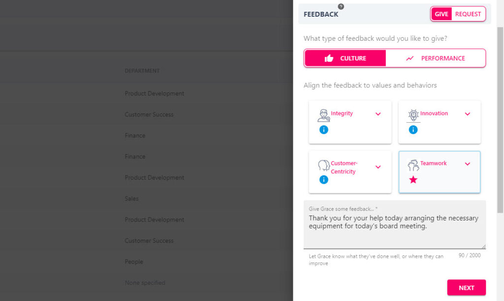 Culture and performance feedback tiles with the comment box beneath