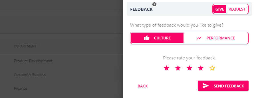 Star rating from one to five and the Send Feedback button