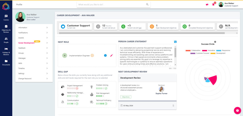 Your Career Development Plan dashboard with its main panels
