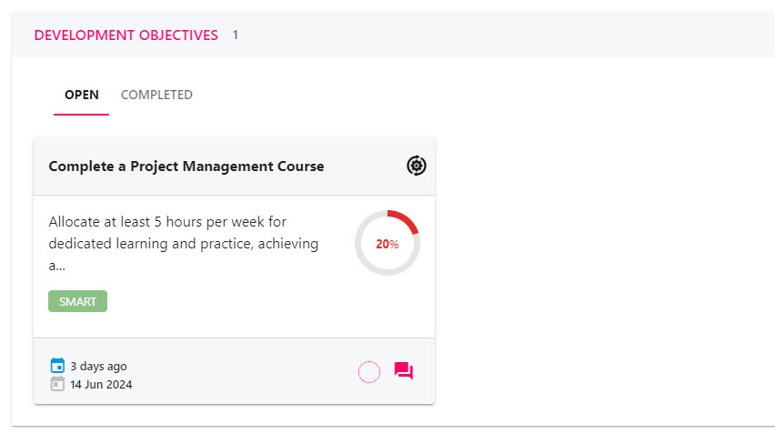Development Objectives section listing objectives linked to your development