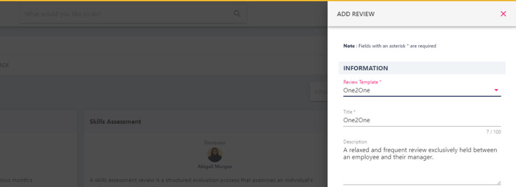 Review Template drop-down pre-populating the title and description