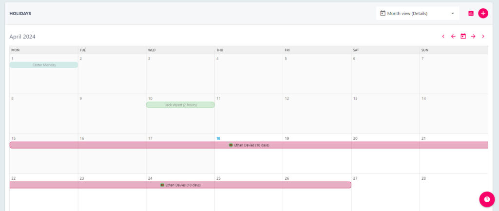Calendar view of team absences, filtered by department
