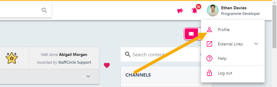 The Profile option in the drop-down beneath your name in the top right