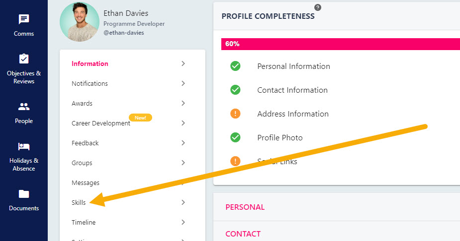 The Skills tab in the left-hand navigation of your profile