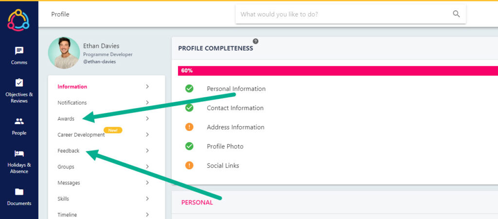 Awards and Feedback options in the left-hand navigation of your profile