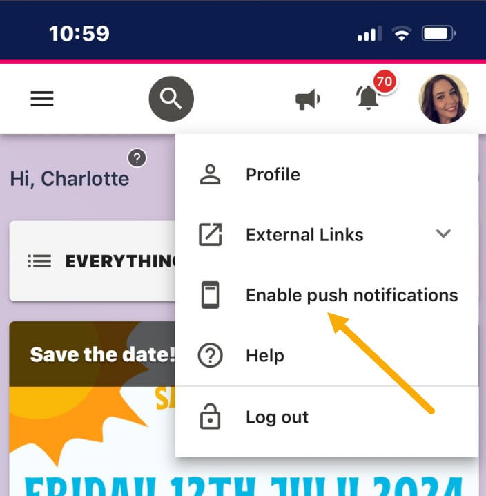 Enable push notifications chosen from the profile drop-down on iPhone