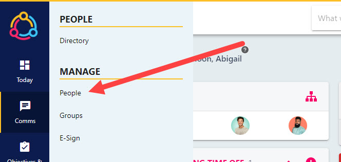 The Manage People list of employees, often limited to your direct reports