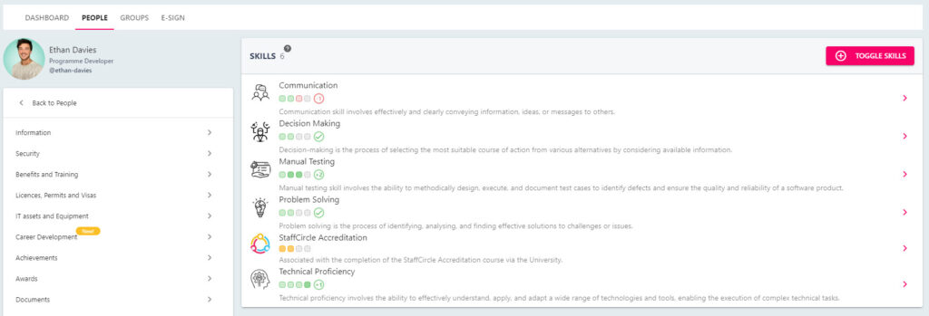 The Skills tab of an employee profile showing current and recommended skills