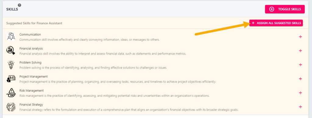 Recommended skills in the orange panel with the Assign All Suggested Skills button