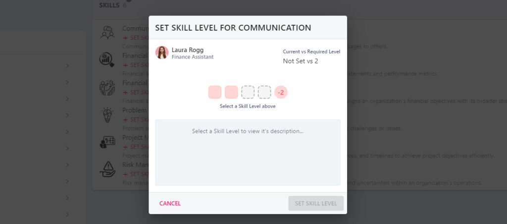Set Skill Level pop-up with a level chosen and the current versus required levels