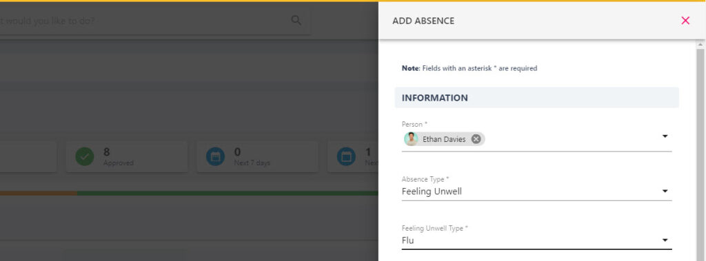 Person and absence type drop-downs in the New Request drawer