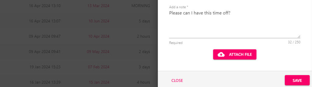The note field at the foot of the form, required before submitting