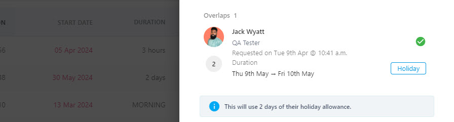 The Overlaps section listing other team absences over the same dates