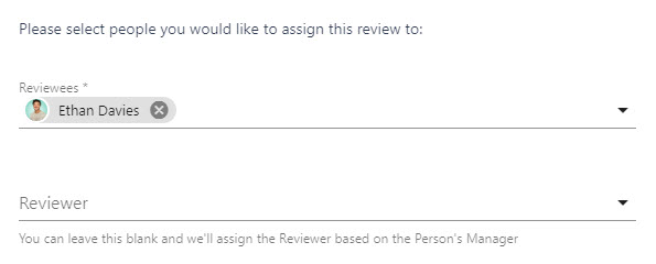 The Reviewee and Reviewer drop-downs for assigning the review