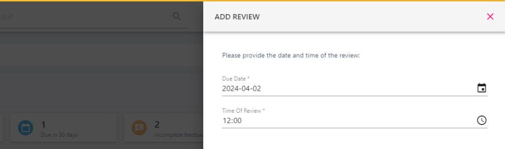 Date picker used to set the due date and time for the review