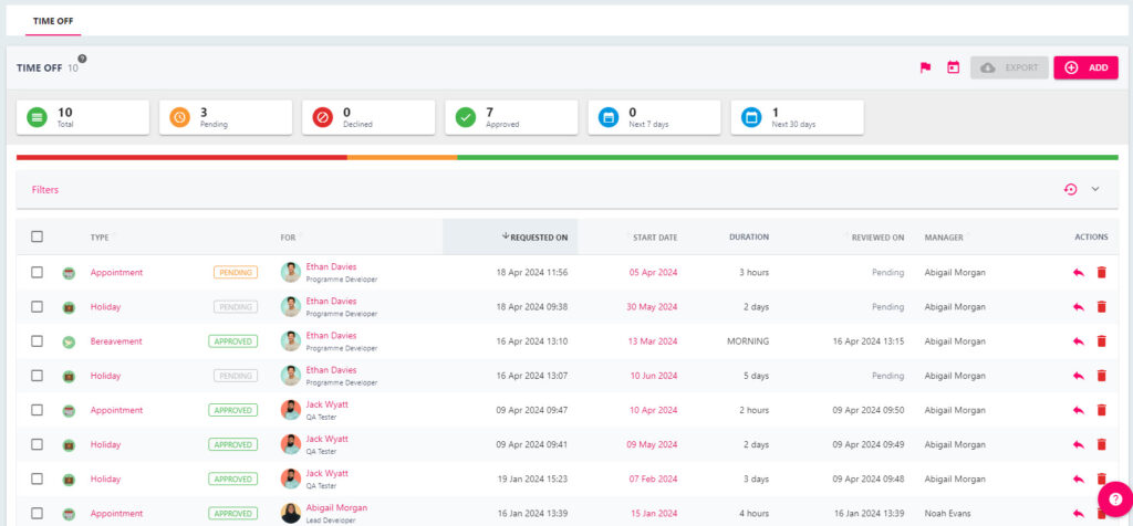 The Time Off Management list with status buttons and the filters bar
