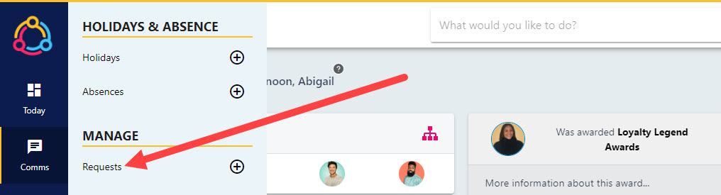 Side-bar navigation from Time Off to Manage then Requests