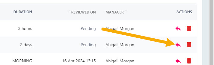 The arrow button in the Actions column that opens the Time Off drawer