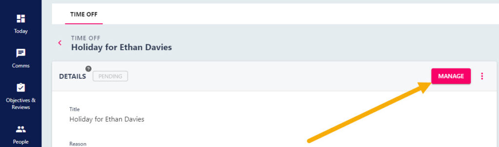 The Manage button on an employee's Absence Details page