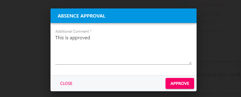 Comment pop-up shown when approving or declining a request