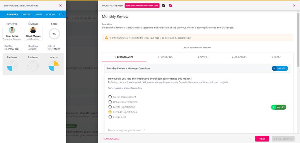 Feedback questions grouped into sections, with written and scored answers