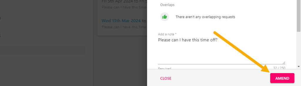 Time Off drawer with the absence dates and type ready to be amended