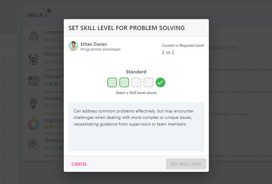 Set Skill Level pop-up with the current versus required level panel