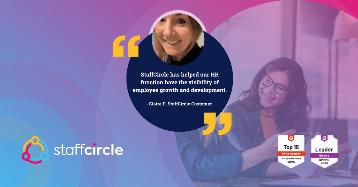 Customer quote from Claire P on gaining visibility of employee growth and development
