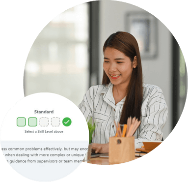 Employee at a desk beside a skill level selector rating a standard competency