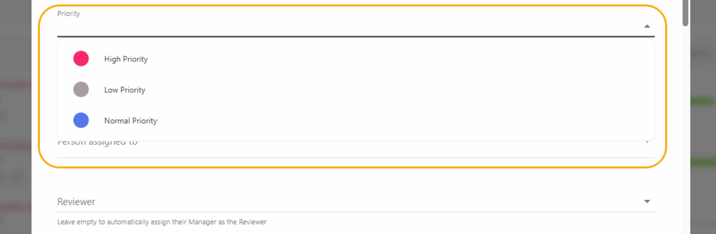 Priority title and description fields, with the manager's view of the drop-down