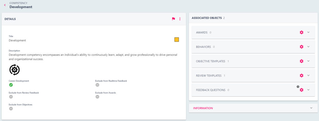 A competency's details page with its Associated Objects area