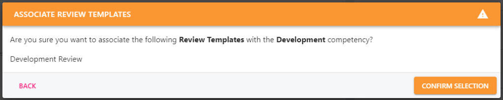 Associate Review Templates pop-up with the development review ticked