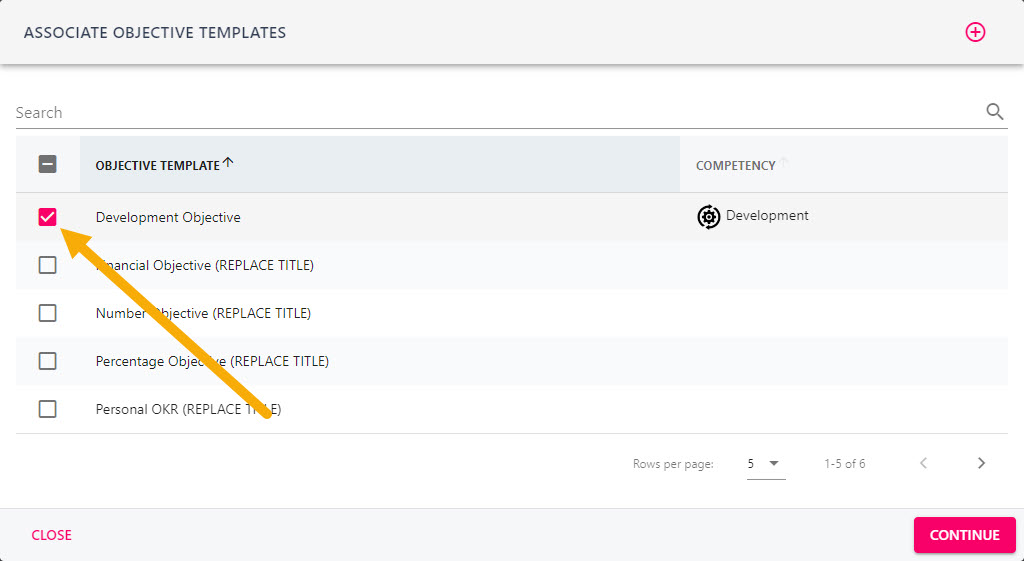 Associate Objective Templates pop-up with a development objective ticked
