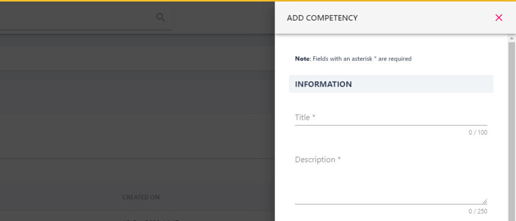 Title and description fields for a new company competency