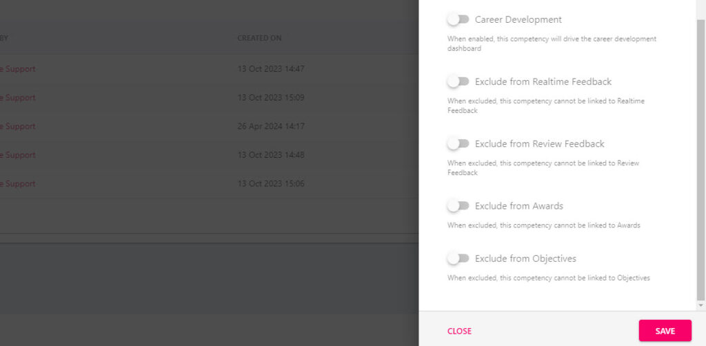 Toggles controlling where the competency can be used across the platform