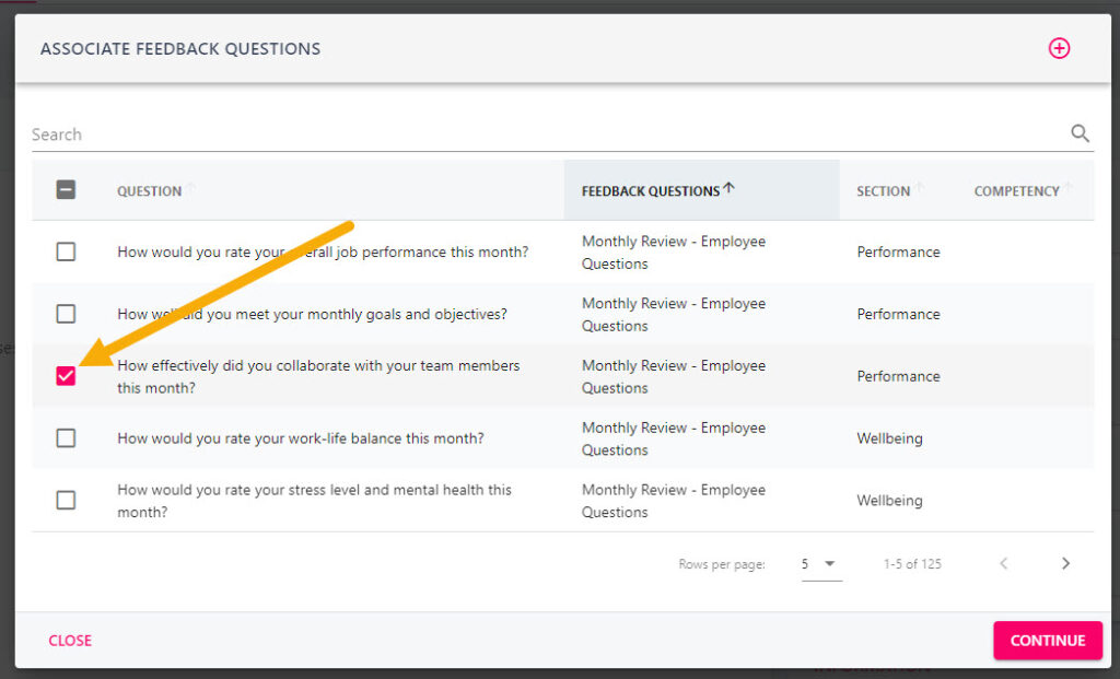 Pop-up for ticking the feedback questions to associate with the competency