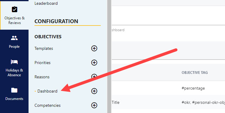 The Objectives Dashboard configuration page used to build the leaderboard