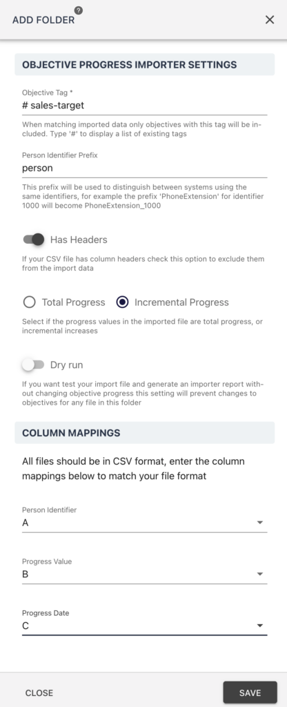 Add Folder drawer showing the importer settings and hashtag field