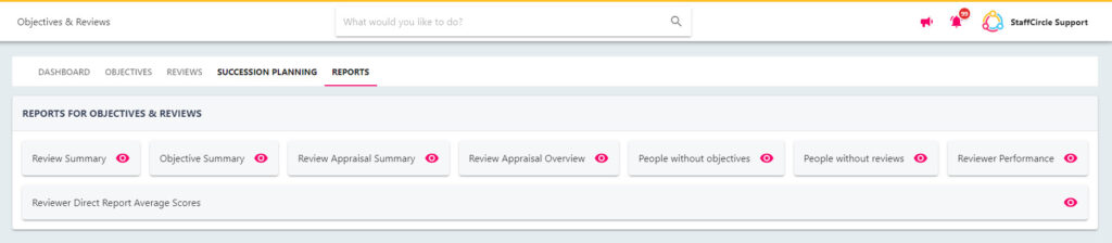 The Reports area under Insights holding the objective and review reports