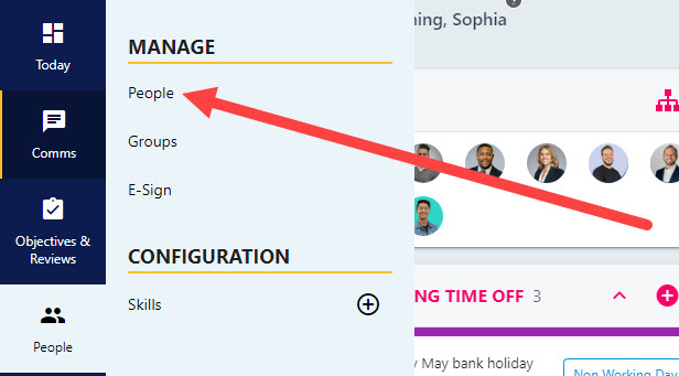 The Manage People list of employees, usually a manager's direct reports