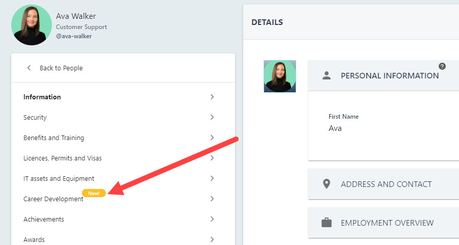 Employee profile with the Career Development tab in the left-hand navigation