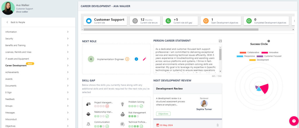 An employee's Career Development Plan dashboard with its main panels